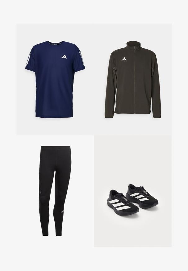Musta vetoketjullinen takki, joka on valmistettu kevyestä kankaasta. Ominaisuuksiin kuuluu korkea kaulus ja kolme valkoista viistoviivaa vasemmassa rinnassa.; T-paita navy sinistä väriä, jossa on hengittävää kangasta, lyhyet hihat, pyöreä kaula-aukko ja valkoinen logo vasemmassa rinnassa sekä hihoissa.; Mustat urheilulegginsit, jotka on valmistettu joustavasta materiaalista ja joissa on korkea vyötärö, heijastavat yksityiskohdat ja logo nilkan lähellä. Silkkinen pinta.; Mustat Adidas Adizero -juoksukengät valkoisilla raidoilla ja nauhoilla valkoista taustaa vasten, aseteltuna vierekkäin.