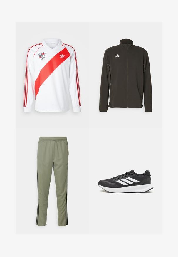 Musta vetoketjullinen takki, joka on valmistettu kevyestä kankaasta. Ominaisuuksiin kuuluu korkea kaulus ja kolme valkoista viistoviivaa vasemmassa rinnassa.; adidas Originals RIVER PLATE JERSEY 94 - Joukkuetuote - white/red; adidas Performance TRAIN ESSENTIALS 3-STRIPES - Verryttelyhousut - silver pebble/black; Mustat urheilukengät hengittävällä verkkosella yläosalla, valkoisilla yksityiskohdilla ja pehmustetulla pohjalla. Sivussa on kolme raitaa -logo.