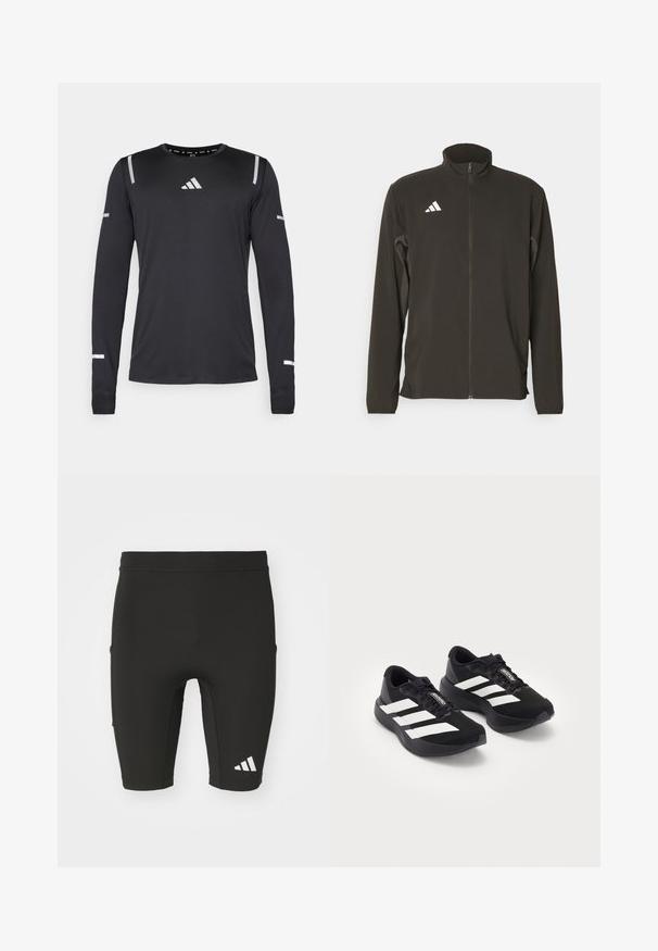Musta vetoketjullinen takki, joka on valmistettu kevyestä kankaasta. Ominaisuuksiin kuuluu korkea kaulus ja kolme valkoista viistoviivaa vasemmassa rinnassa.; Pitkähihainen urheilupaita mustasta kankaasta, jossa on heijastavia hopeisia yksityiskohtia hartioissa ja hihoissa, pyöreä pääntie kevyellä tekstuurilla.; Mustat urheilushortsit, joissa on tiukka malli ja jotka on valmistettu venyvästä kankaasta. Ominaisuuksiin kuuluu kolme taskua ja valkoinen Adidas-logo alhaalla jalassa.; Mustat Adidas Adizero -juoksukengät valkoisilla raidoilla ja nauhoilla valkoista taustaa vasten, aseteltuna vierekkäin.