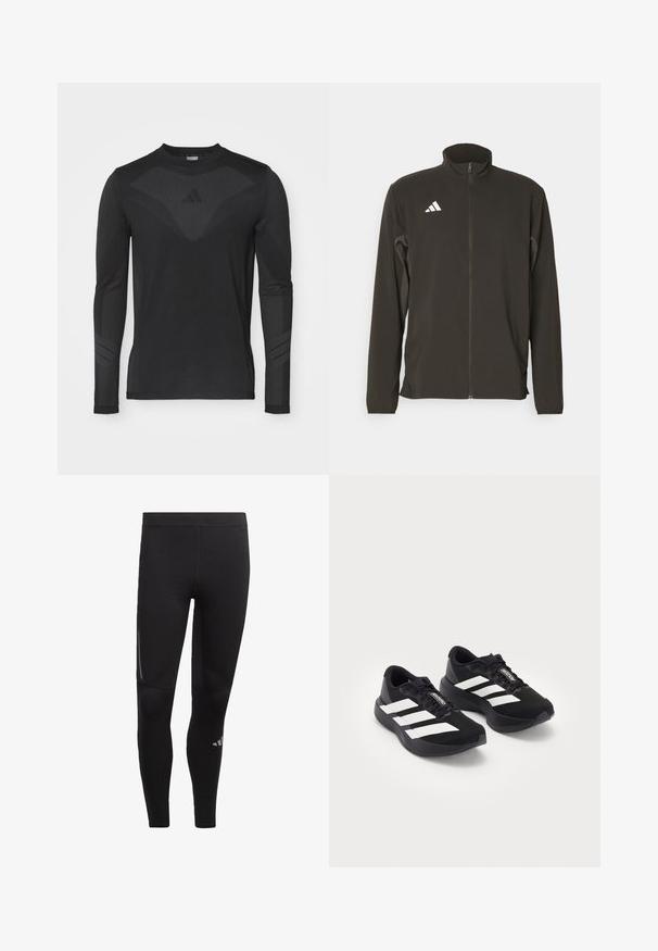 Melna zip-up jaka, izgatavota no viegla auduma. Tai ir augsta apkakle un trīs baltas diagonālas svītras kreisajā krūtīs.; Melnas ilgas piedurknes sporta krekls ar sietiņveida tekstūru, pieguļošs dizains un trīs svītru akcenti uz piedurknēm. Izgatavots no elpojoša materiāla.; Melni sporta legingi, izgatavoti no elastīga materiāla, ar augstu jostasvietu, atstarotājiem un logotipu netālu no potītes. Gluda tekstūra.; Melna Adidas Adizero skriešanas apavu pāris ar baltām svītrām un auklām uz baltā fona, izvietoti blakus.