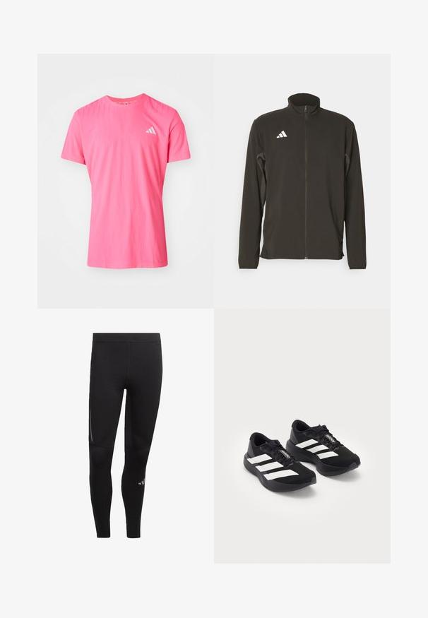 Černá zipová bunda vyrobená z lehké látky. Má vysoký límec a tři bílé diagonální pruhy na levé části hrudi.; Růžové tričko s krátkým rukávem a kulatým výstřihem, vyrobené z měkkého materiálu, s jemnou texturou a malým bílým logem Adidas na hrudi.; Černé sportovní legíny vyrobené z pružného materiálu, s vysokým pasem, reflexními detaily a logem poblíž kotníku. Hladký povrch.; Pár černých běžeckých bot Adidas Adizero s bílými pruhy a tkaničkami na bílém pozadí, umístěný vedle sebe.