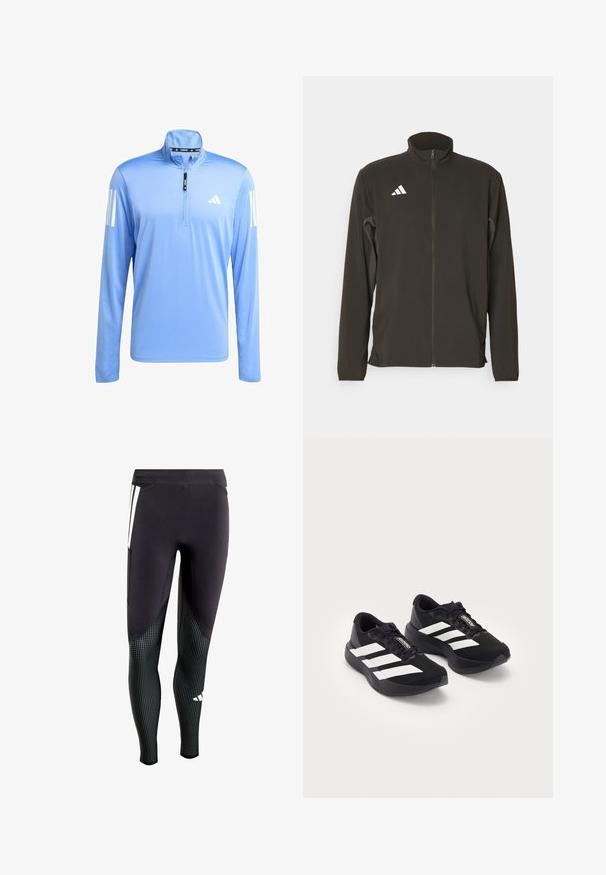 Black zip-up jacket made of lightweight fabric. Features a high collar and three white diagonal stripes on the left chest.; Light blue long-sleeve sport shirt with a quarter zipper, made from smooth fabric. Features white three-stripe accents on both sleeves.; Black athletic leggings with textured lower fabric featuring small white dots. Includes side pocket and contrasting panel design.; Pair of black Adidas Adizero running shoes with white stripes and laces on white background, positioned side by side.