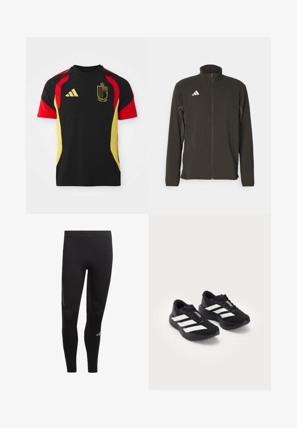 Chaqueta negra con cierre, hecha de un tejido ligero. Presenta un cuello alto y tres franjas diagonales blancas en el lado izquierdo del pecho.; Camiseta deportiva negra con detalles en rojo y amarillo, con el logo de Adidas en el frente y un emblema en forma de escudo que representa a Bélgica.; Leggings deportivas negras fabricadas con material elástico, con una cinturilla alta, acentos reflectantes y un logo cerca del tobillo. Textura suave.; Un par de zapatillas de running Adidas Adizero negras con rayas y cordones blancos, sobre un fondo blanco, posicionadas una al lado de la otra.