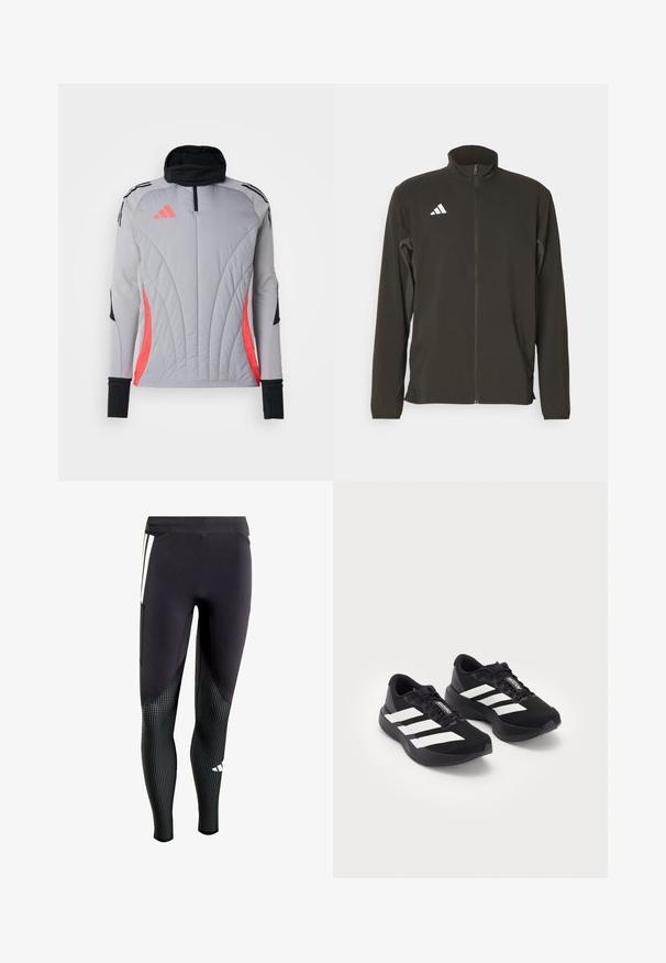 Black zip-up jacket made of lightweight fabric. Features a high collar and three white diagonal stripes on the left chest.; adidas Performance TIRO24 WINTERIZED TOP - Long sleeved top - light onix/shock red; Black athletic leggings with textured lower fabric featuring small white dots. Includes side pocket and contrasting panel design.; Pair of black Adidas Adizero running shoes with white stripes and laces on white background, positioned side by side.