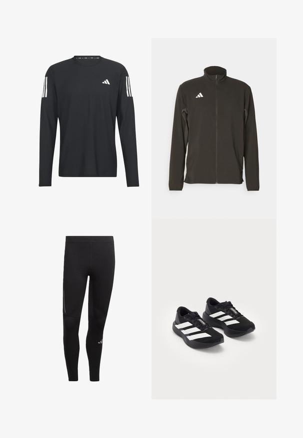 Schwarze Zip-Jacke aus leichtem Stoff. Mit hohem Kragen und drei weißen diagonalen Streifen auf der linken Brust.; Schwarzes Langarmshirt aus leichtem Material mit Rundhals, strukturiertem Oberflächen und weißem Logo mit drei Streifen auf den Ärmeln.; Schwarze sportliche Leggings aus dehnbarem Material, mit einem hohen Bund, reflektierenden Akzenten und einem Logo nahe dem Knöchel. Weiche Textur.; Ein Paar schwarze Adidas Adizero Laufschuhe mit weißen Streifen und Schnürsenkeln auf weißem Hintergrund, nebeneinander positioniert.