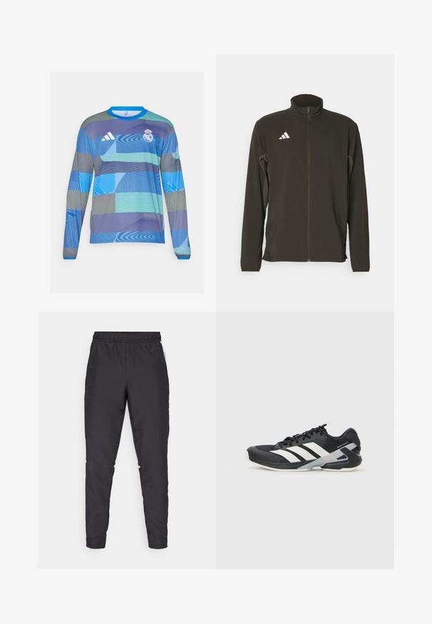 Sort zip-up jakke lavet af letvægtsstof. Har en høj krave og tre hvide diagonale striber over venstre bryst.; Langærmet sportstrøje med et blåt og grønt geometrisk mønster, lavet af letvægtsstof med ribbet blå krave og Adidas-logo.; Sorte atletiske bukser med elastisk talje, snævre ben og hvide sidelæggi. Fremstillet af syntetisk materiale med en glat overflade.; Sort sportsko med hvide striber, mesh-overdel, rund tå og dæmpet sål. Har en tekstureret hæl og et sikkert snøresystem.