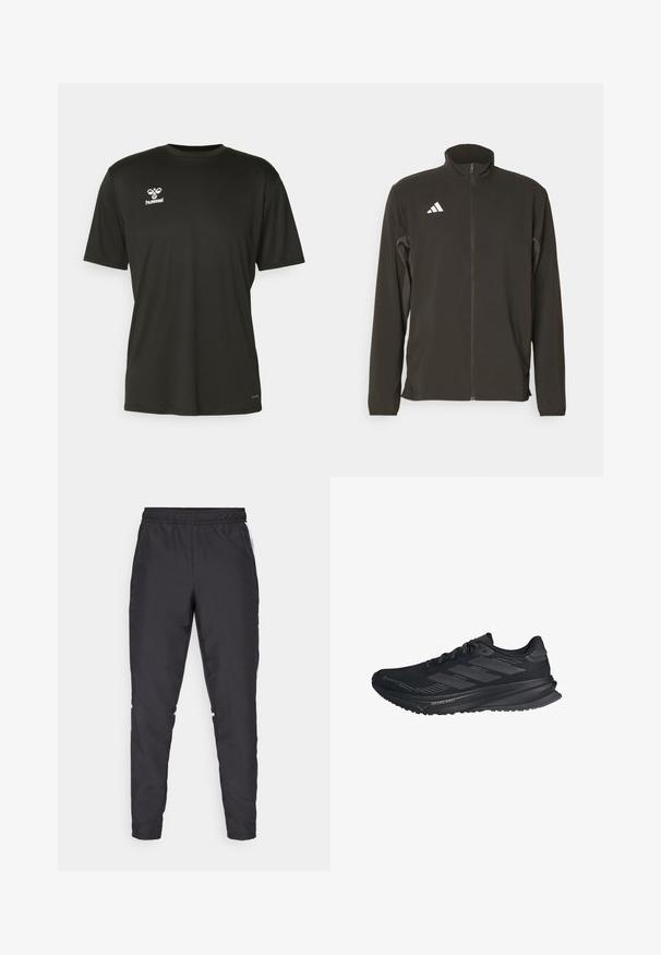 Musta vetoketjullinen takki, joka on valmistettu kevyestä kankaasta. Ominaisuuksiin kuuluu korkea kaulus ja kolme valkoista viistoviivaa vasemmassa rinnassa.; Musta lyhythihainen t-paita, joka on valmistettu synteettisestä kankaasta. Paidassa on valkoinen logo vasemmalla rintataskussa ja pyöreä kaula-aukko. Silkkinen pinta.; Mustat urheiluhousut, joissa on joustava vyötärö, kapenevat lahkeet ja valkoiset sivuakkentit. Valmistettu synteettisestä materiaalista, jossa on sileä tekstuuri.; Musta Adidas-juoksukenkä, jossa on Gore-Tex-päällinen, kolme raitaa sivulla ja "Dreamstrike" pohjassa, nähtynä ulkopuolelta.