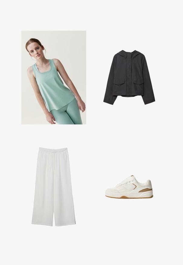 Černá kapucňová bunda vyrobená z hladkého materiálu, s zipovým zapínáním, dvěma předními nakládanými kapsami a zkráceným střihem.; Světlé zelené sportovní tílko s kulatým výstřihem a širokými ramínky, v kombinaci s odpovídajícími fitted legínami. Hladká textura a minimální branding.; Bílé kalhoty s širokými nohavicemi vyrobené z lehké tkaniny, s elastickým pasem a stahovací šňůrkou pro nastavitelnou velikost. Hladká textura.; Bílé tenisky s texturovanou tkaninou a semišovými akcenty. Vyznačují se kulatými tkaničkami, polstrovaným límcem a gumovou podrážkou pro lepší trakci.