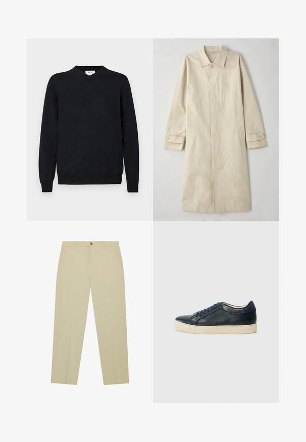 Beige, knielang jasje gemaakt van katoenmix-stof. Heeft een gekartelde kraag, een sluiting met knopen aan de voorkant en zijzakken met klepdetail.; Zwarte v-hals trui gemaakt van zacht materiaal, met lange mouwen en geribbelde manchetten en boord. Minimalistisch ontwerp zonder zichtbare patronen.; Beige chino's van lichtgewicht katoen, met een rechte pijp, voorkeurszakken en een enkele knoopsluiting bij de taille.; Marineblauwe leren sneaker met een crèmekleurige rubbersole, voorzien van blauwe veters en een gladde textuur. Ronde neus en minimalistisch ontwerp.
