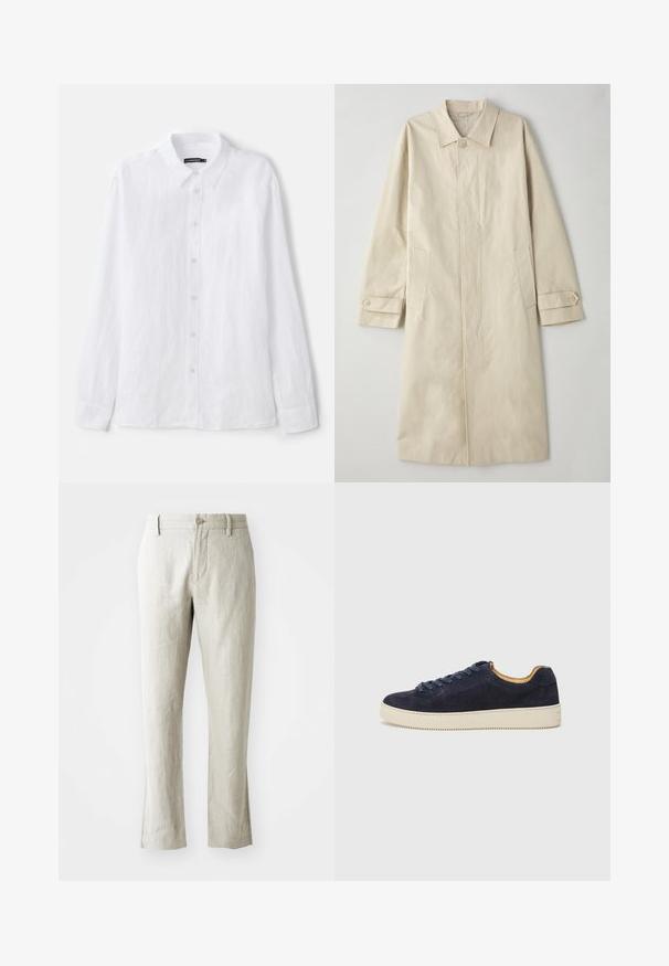 Beež, põlve pikkune mantel, mis on valmistatud puuvilla segakangast. Omab lõppenud kaelust, esist nupuga kinnitust ja küljetaskuid klappidega detailidega.; Valge pika varrukaga nööbitav särk, mis on valmistatud tekstuuriga kangast. Omab klassikalist kraed ja nööbitavat esiosa, millel on väikesed ümmargused nööbid.; Kerged beežid linased püksid sirge lõikega, õrn tekstuur, esikinnitusega nöpp ja kaks küljetaskut. Kohandatud puhta silueti saavutamiseks.; Tumesinine sametist madal sneaker ümarate varvastega, off-white kummipõhi ja harmoneeruvad lingid; omaduseks kontrastne pruun sisemus.