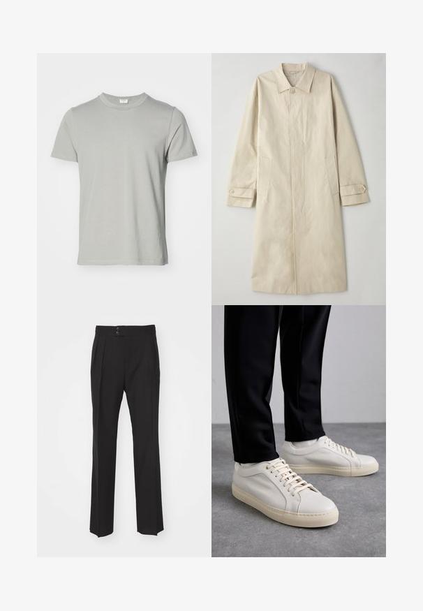 Bezs krāsas, līdz ceļiem garš mētelis, kas izgatavots no kokvilnas un sintētisko šķiedru maisījuma. Ar iezīmētu apkakli, priekšējo pogu aizdari un sānu kabatām ar atloka detaļu.; Īsām piedurknēm T-krekls gaiši pelēkā kokvilnā ar apaļu kakla izgriezumu un taisnu apakšmalu. Gluda tekstūra, bez rakstiem vai redzamām detaļām.; Melnas pieguļoša stila bikses ar taisnu kāju dizainu, divām priekšējām kabatām un dubultu pogu aizdari jostasvietā. Gluda auduma tekstūra.; Gai beige ādas kedas ar plakaniem šņorēm, teksturētu virsmu un kontrastējošu krēmkrāsas gumijas zoli, apvienotas ar melniem pieguļošiem biksēm.