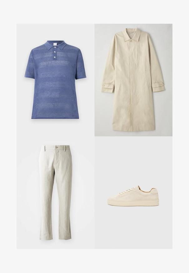 Beige, knelengde frakk laget av bomull-blanding. Har en notert krage, frontlukk med knapper og sidelommer med klaffdetalj.; Blå, kortermet poloskjorte laget av åpen strikket stoff. Har en krage med tre knapper og teksturert stripemønster.; Lysebeige linbukser med rett snitt, subtil tekstur, frontknappelukking og to sidelommer. Skreddersydd for en ren silhuett.; Beige semsket sportssko med lav topp, rund tå, flate lisser og en teksturert gummisåle. Minimalistisk stil uten synlige logoer.
