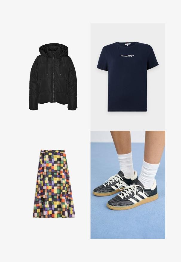Mustahaudutettu musta takki hupulla, jossa on etuvetoketju, joustavat hihansuut ja sivutaskut; sileä pinta ja tikattu muotoilu.; Laivansinisestä puuvillasta valmistettu t-paita, jossa on lyhyet hihat ja pyöreä kaula-aukko. Rintakehässä on valkoinen brodeerattu "Tommy Hilfiger" -logo. Yksinkertainen muotoilu, rento istuvuus.; Värikäs midi-hame, jossa on tarkka kuvio oranssista, keltaisesta, vihreästä, purppurasta, mustasta ja vaaleanruskeasta neliöstä leikattu värikäs kangas.; Mustat nahkasneakerit valkoisilla raidoilla, pyöreä kärki, valkoiset nauhat ja kumipohja. Korostaa pehmustettua kaulusta ja brändäysohjeita.