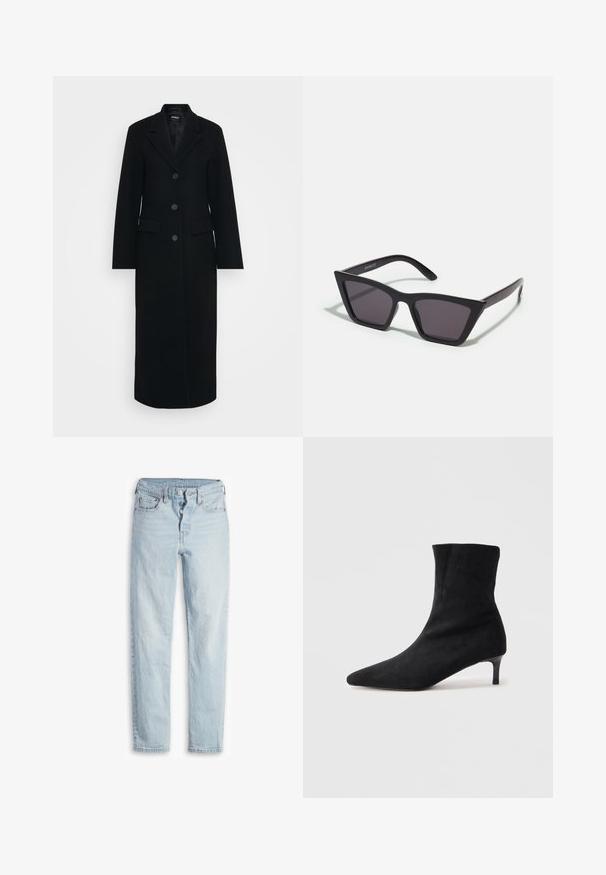 Abrigo largo negro de mujer con cuello de solapa, tres botones en la parte delantera y bolsillos con solapa a ambos lados.; Blusa de manga larga negra en una tela suave, con un escote amplio y un ajuste ligeramente holgado, sin patrones visibles ni detalles de herrajes.; Jeans de mezclilla azul claro con cintura alta, diseño de cinco bolsillos, cremallera con botones y corte recto. Presentan un desgaste sutil y un acabado texturizado.; Botín de ante negro hasta el tobillo con punta afilada y un tacón delgado, ligeramente curvado. Textura suave y diseño minimalista.; Gafas de sol negras y angulares con lentes grises; fabricadas en plástico, con varillas gruesas de superficie suave y sin herrajes visibles.
