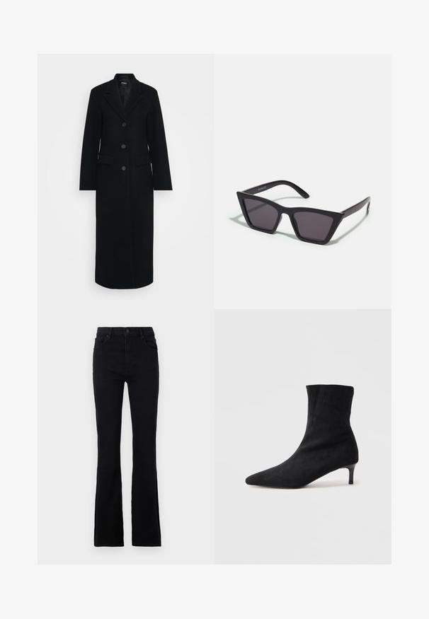 Manteau long noir pour femmes avec col à revers, trois boutons sur le devant et poches à rabat des deux côtés.; Haut noir à manches longues en tissu doux, avec un large col et une coupe légèrement ample, sans motifs visibles ni détails matériels.; Jean évasé noir en tissu mélangé coton. Dispose d'une fermeture à bouton, de passants de ceinture et de deux poches avant pour un usage pratique.; Botte de cheville en daim noir avec un bout pointu et un talon slim, légèrement courbé. Texture lisse et design minimaliste.; Lunettes noires angulaires avec des verres gris ; fabriquées en plastique, avec des branches épaisses à la surface lisse et sans matériel visible.