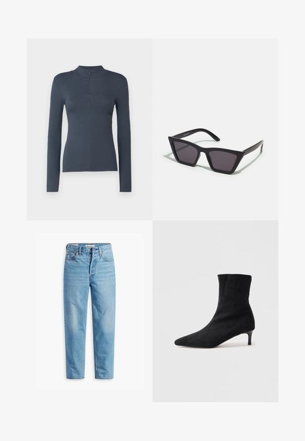 Pikk must naiste mantel, millel on krae, kolm nuppu ees ja flapi taskud mõlemal küljel.; Tumedast hall ribadega pikkade varrukatega topp, millel on mock kaelus ja lühike esi tõmblukku, talje lähedane siluett, esitlemine valgel taustal.; Heled sinine denimist teksad kõrge vöökohaga, sirge lõikega, viie-tasku disainiga ja nööbivõtmega. Omab nähtavat õmblust ja metallist detaile.; Must musta ankelikott, millel on terav varvas ja kitsas, veidi kumer konts. Sujuv tekstuur ja minimalistik disain.; Mustad mustrakellad, millel on hallid šabloonid; valmistatud plastist, paksude ja siledate kätega, ilma nähtava riistvarata.