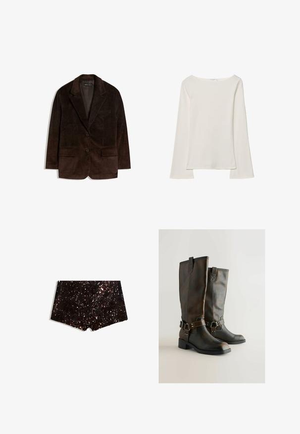 Hnědý kordový blejzr s klopami, dvěma předními kapsami a dvěma knoflíky. Texturovaná tkanina s vertikálními proužky.; Bílý dlouhý rukáv top s lodičkovým výstřihem. Vyroben z měkkého materiálu, má zvonové rukávy a rovný lem, nabízí jednoduchý a univerzální design.; Šortky s flitry v černé a bronzové barvě, s texturovaným povrchem a třpytivým, odrazivým leskem a rovně střiženým lemem.; Hnědé kožené vysoké boty po kolena se hladkým povrchem, sponou na zdobení a dekorativním prošíváním po stranách. Blokový podpatek pro stabilitu.