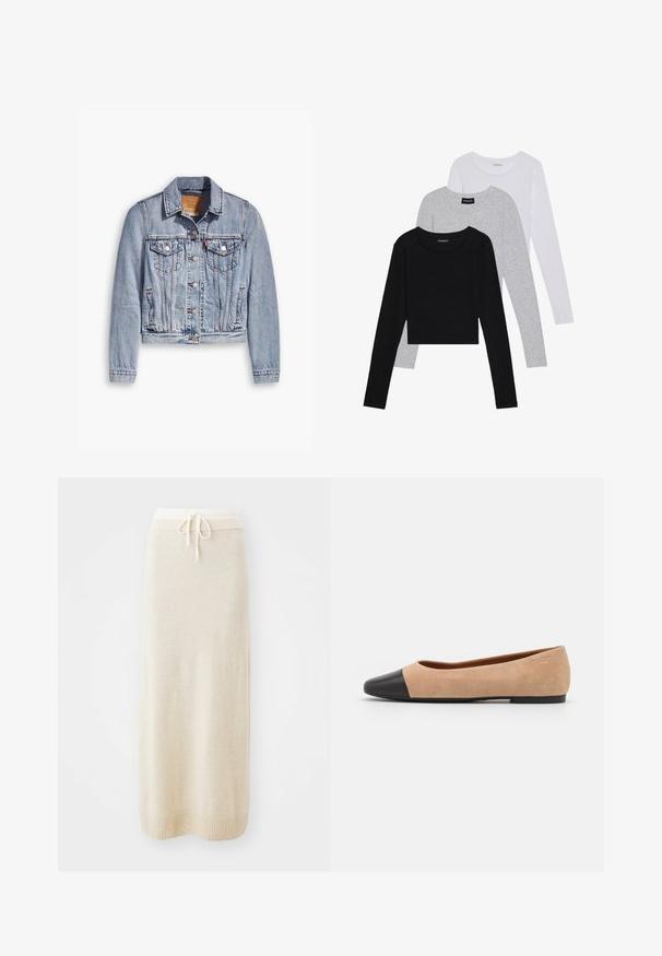 Gai zils džinsus jakas ar garām piedurknēm, norādīto apkakli, divām krūšu kabatām un pogu aizdari. Iezīmēta ar īsāku dizainu un nolietotu tekstūru.; Trīs garām piedurknēm veidotas augšdaļas, sakrautās: melna, pelēka un balta. Katram ir noapaļots kakla izgriezums un īsa dizaina forma ar gludu, vieglu audumu.; Kremkrāsas adīta midi svārki ar aukliņu viduklī un ribotu apakšmalu. Gluda tekstūra ar taisnu siluetu, piemēroti ikdienas valkāšanai.; Beigā zamšādas balerīnas ar melnu ādas noapaļotu purngalu, zemu papēdi un gludu tekstūru, ar minimālu dūrienu un tīru dizainu.