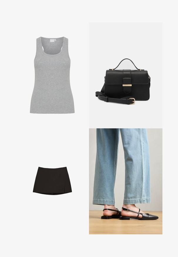 Svetlomodrá denim bunda s dlhými rukávmi, špicatým golierom, dvoma náprsnými vreckami a gombíkovým zapínaním. Má skrátený strih a vyblednutú textúru.; Sivý rebrovaný tielko s okrúhlym výstrihom a širokými ramienkami. Vyrobené z mäkkej, ľahkej tkaniny. Má priliehavý strih a minimálne švy.; Čierna mini sukňa so strihom do rovna a miernym bočným roz裂aním. Vyrobená z hladkej textílie, so čistým lemom a minimalistickým dizajnom.; Čierne kožené sandále na opätku s špicatou špičkou, plochým podpätkom a remienkom okolo členka; nosené s svetlomodrými voľnými džínsami.; Čierna kožená kabelka so zlatými kovovými akcentmi, obdĺžnikový tvar, zapínanie na klopu, nastaviteľný ramenný popruh, hladká textúra, minimalistický dizajn.