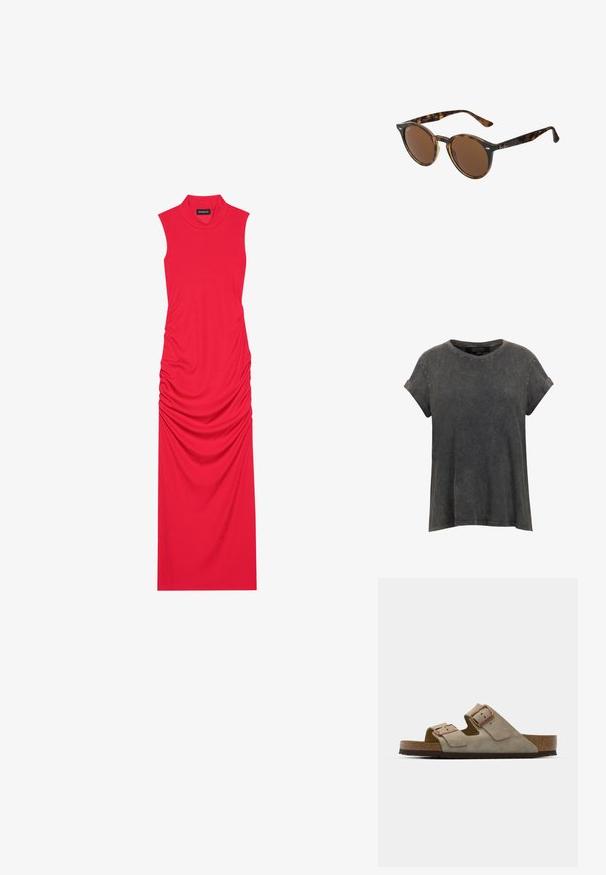 Ljusblå denimjacka med långa ärmar, spetskrage, två bröstfickor och knäppning fram. Har en kort design och blekt textur.; AllSaints ANNA TEE - T-shirt med print - black; Röd ärmlös maxiklänning i ribbat tyg med draperade detaljer längs sidorna, med en hög hals och en smidig silhuett.; Beiga mockasksandaler med två justerbara remmar, prydda med kopparfärgade detaljer och en korkfotbädd för komfort, placerade på en texturerad sula.; Runda solglasögon med en rams i sköldpaddsplast, bruna linser och metallaccent på framsidan. Smala bågar med en polerad yta.