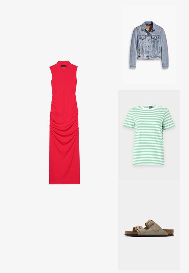 Jaqueta de denim azul-claro com mangas longas, colarinho pontiagudo, dois bolsos no peito e fecho frontal com botões. Apresenta um design cropped e uma textura desbotada.; T-shirt às riscas verdes e brancas, feita de tecido suave, possui mangas curtas e decote arredondado, com riscas horizontais uniformes e textura lisa.; Vestido maxi vermelho sem mangas feito de tecido canelado com detalhes franzidos nas laterais, apresentando um decote alto e uma silhueta elegante.; Sandálias de camurça bege com duas correias ajustáveis, apresentando detalhes em metal cobre e uma palmilha de cortiça para conforto, colocadas sobre uma sola texturizada.