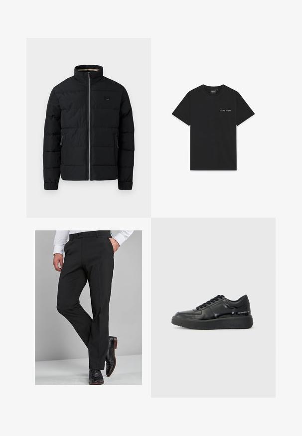 Crni kaput s kvadratnim uzorkom, šuplje ispunjen, s visokim ovratnikom, napečatnim patentnim zatvaračem sprijeda, bočnim džepovima sa patentnim zatvaračima i podešivim manžetama.; Crna pamučna majica s kratkim rukavima, okruglim izrezom i malim bijelim logom "Lyle & Scott" otisnutim na prsima. Mekana tekstura.; Crne hlače na crtu s krojem koji prati tijelo, s glatkom teksturom, ravnim nogavicama i petljama za remen, uparene s uglađenim crnim cipelama.; Crne kožne tenisice s glatkom površinom, okruglim vrhom i kontrastnom crnom gumom. Ima ravne vezice i branding sa strane.