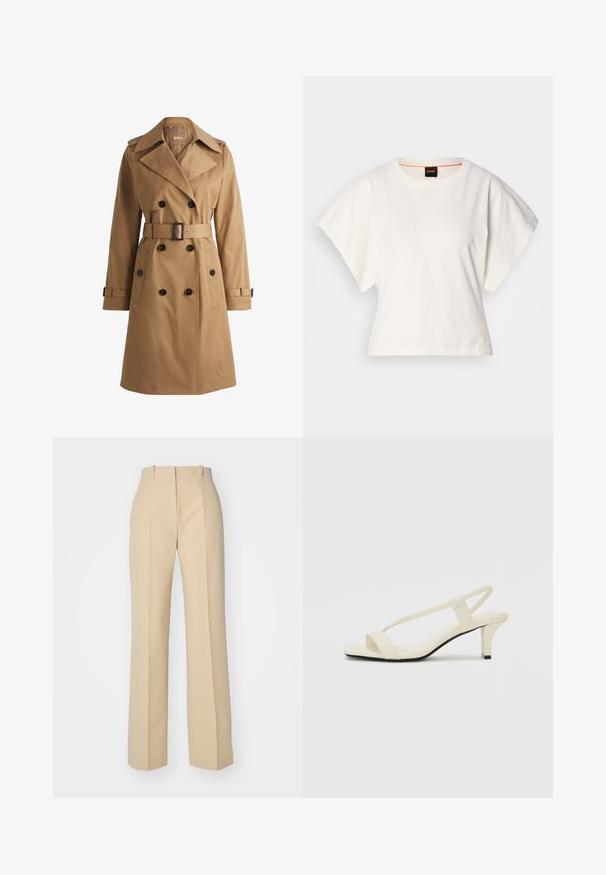 Trench coat beige con bottoni doppi, colletto ampio, vita con cintura e spalline. Tessuto liscio con tasche frontali.; T-shirt bianca cropped, maniche corte e larghe, tessuto di cotone morbido, scollatura rotonda con bordino arancione sottile, design minimale, senza motivi o grafiche.; HUGO HULANA - Pantaloni - open beige; Sandali con tacco a blocco beige, con sottili cinturini e punta quadrata. Materiale liscio con dettagli minimi, progettati per un facile utilizzo.