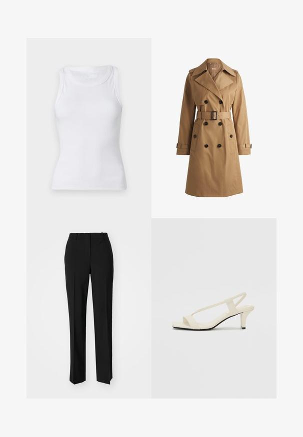 Abrigo trencero marrón con botones de doble botonadura, amplio cuello, cintura ceñida con cinturón, y hombreras. Tela suave con bolsillos frontales.; Top sin mangas blanco de canalé con escote redondo. El material parece suave y tiene una silueta ajustada. Sin patrones ni acentos visibles.; Pantalones negros ajustados con un diseño de pierna recta, que presentan una textura suave y pliegues nítidos en el frente. Sin herrajes visibles.; Sandalias de tacón cuadrado en color beige con tiras delgadas y punta cuadrada. Material suave con un diseño minimalista, diseñado para facilitar su uso.