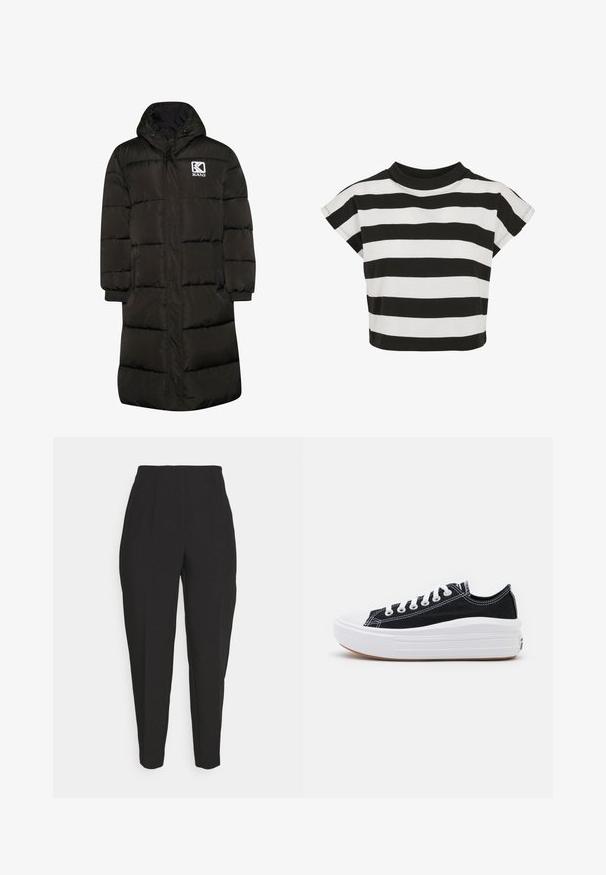 Dicker langer Mantel in Dunkelgrün mit Kapuze, ausgestattet mit einem Frontreißverschluss, elastischen Bündchen und einem Logo auf der linken Brust. Wasserabweisendes Material.; Schwarz-weiß gestreifter Cropped-Top mit rundem Halsausschnitt und kurzen, Ärmelchen; aus weichem Baumwollmaterial gefertigt.; Schwarze maßgeschneiderte Hosen mit hoher Taille, vorderen Falten, schmal zulaufenden Beinen und einer glatten Textur. Aus einem leichten Stoff gefertigt, ohne sichtbare Verschlüsse.; Schwarze Canvas-Sneaker mit weißen Schnürsenkeln, weißer Gummikappe und einer massiven weißen Zwischensohle. Besondere Merkmale sind dezente weiße Nähte und eine Gummisohle.