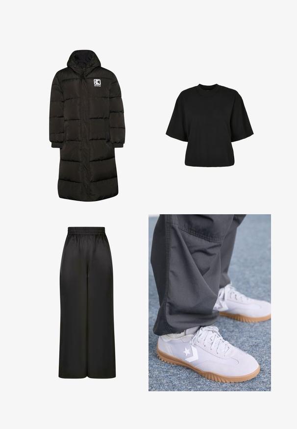 Vaatteet pitkä toppatakki tummanvihreänä, jossa on huppu, edessä vetoketju, joustavat hihansuut ja logo vasemmalla rinnalla. Vedenkestävä materiaali.; Mustat lyhyet hihattomat t-paidat, valmistettu puuvillasta. Siinä on lyhyt hihat ja pyöreä pääntie. Sileä rakenne yksinkertaisella muotoilulla, ilman ylimääräisiä kuvioita.; Mustat, leveät housut, jotka on valmistettu sileästä, kiiltävästä kankaasta, jossa on joustava vyötärö ja ei näkyviä taskuja tai metalliosia.; Vaaleanharmaat mokkanahkaiset tennarit, joissa on kumipohja, valkoista tähden logoa ja hienovaraisia ompeluyksityiskohtia, yhdistettynä tummiin housuihin.