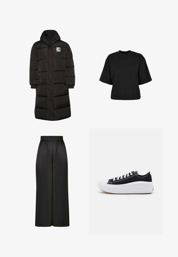 Pružný dlouhý kabát v tmavě zelené barvě s kapucí, s předním zipem, elastickými manžetami a logem na levé hrudi. Materiál odolný proti vodě.; Černé zkrácené tričko vyrobené z bavlny. Má krátké rukávy a kulatý výstřih. Hladký povrch s jednoduchým designem, bez dalších vzorů.; Černé široké kalhoty vyrobené z hladké, lesklé látky, s elastickým pasem bez viditelných kapes nebo kovových detailů.; Černé plátěné tenisky s bílými tkaničkami, bílým gumovým špičkovým krytem a masivní bílou střední podrážkou. Mají jemné bílé švy a gumovou podešev.