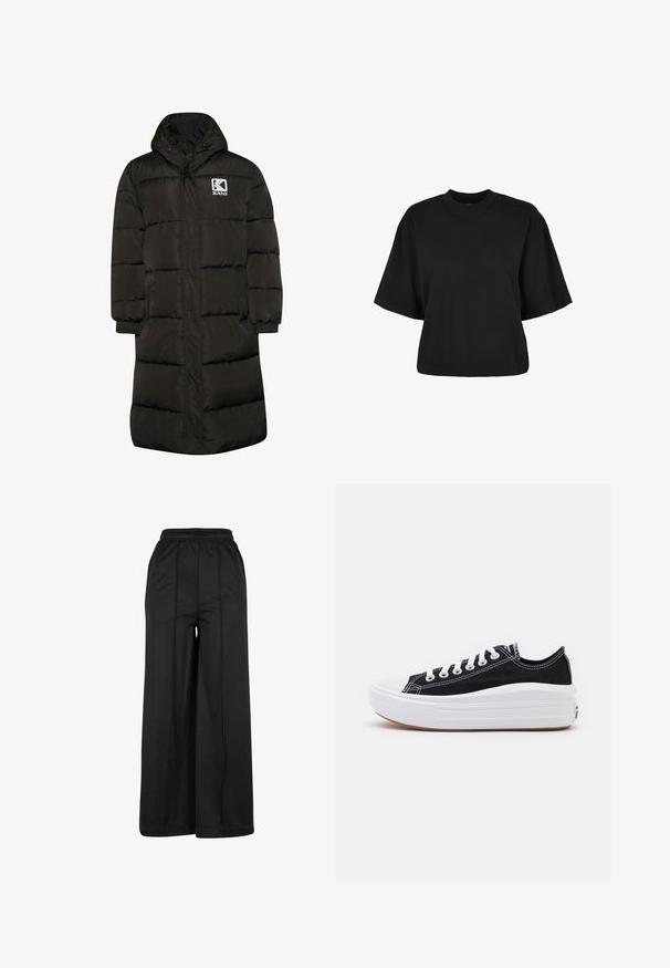 Padded dlhý kabát v tmavozelenej farbe s kapucňou, obsahujúci predný zips, elastické manžety a logo na ľavej hrudi. Materiál odolný proti vode.; Čierne skrátené tričko z bavlny. Disponuje krátkymi rukávmi a okrúhlym výstrihom. Hladká textúra s jednoduchým dizajnom, bez ďalších vzorov.; Čierne široké nohavice s elastickým pásom, hladkým materiálom a viditeľnými švovými detailmi. Majú voľný, splývavý strih.; Čierne plátenné tenisky s bielymi šnúrkami, bielym gumovým špičkovým krytom a robustnou bielou medzipodrážkou. Obsahujú jemné biele švy a gumenú podrážku.