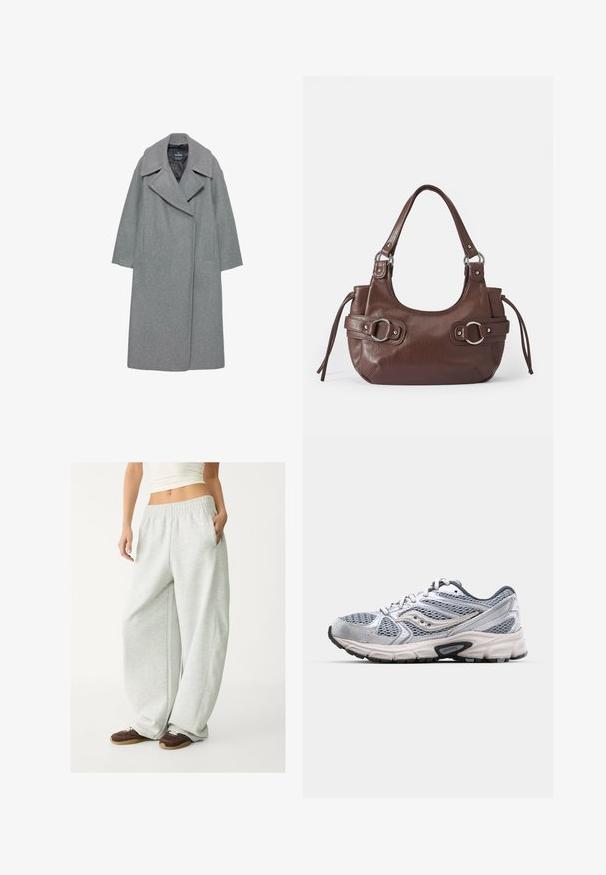 Grå ullkappa med breda slagkragar, långa ärmar och sidofickor. Designen är enkel med en rak silhuett.; Ljusgrå kort hoodie gjord av mjukt tyg; har en framtida dragkedja, stor huva och ribbade mudd och nederkant; inkluderar sidofickor.; Vit ribbad crop top med hög krage och ärmlös design. Tillverkad av mjukt, stretchy material för en komfortabel passform.; Ljusgrå sweats med elastisk midja, sidofickor och en lös passform. Tillverkade av mjukt, strukturerat tyg; har subtila sömmar.; Silver löparsko med mesh-ovandel, dämpande sula och grå detaljer. Har en rundad tå och snörningsdesign. Varumärkeslogotyp synlig.; Brun läderhandväska med rundad form, silverfärgad hårdvara, två sidoremmar och en slät yta. Har ett enda handtag på toppen.