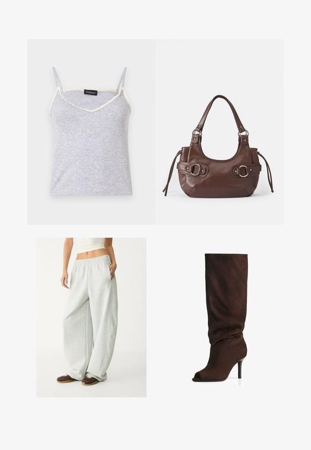 Grijze wollen jas met een brede gekantelde kraag, lange mouwen en zijzakken. Het ontwerp is eenvoudig met een rechte silhoutte.; Lichtgrijze cropped hoodie van zachte stof; heeft een voorrits, grote capuchon en ribbelboorden aan de mouwen en onderkant; bevat zijzakken.; Grijze geribbelde tanktop met verstelbare spaghettibandjes. Heeft een V-vormige halslijn en gezonken crème rand langs de randen.; Lichtgrijze sweatpants met een elastische tailleband, zijzakken en een losse pasvorm. Gemaakt van zachte, gestructureerde stof; met subtiele naden.; Donkerbruin suède kniehoge laars met een slonzig schacht, open teen en slanke hoge hak, gefotografeerd op een witte achtergrond.; Bruine leren handtas met ronde vorm, zilveren hardware, twee zijriemen en een gladde textuur. Beschikt over een enkele handgreep aan de bovenkant.