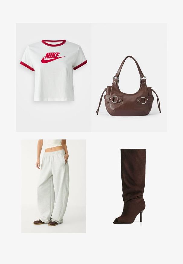 Sivi vuneni kaput s širokim izrezom, dugim rukavima i bočnim džepovima. Dizajn je jednostavan s ravnim siluetom.; Svijetlo siva skraćena dukserica od mekog materijala; ima prednji patentni zatvarač, veliki kapuljaču i rebraste rukave i porub; uključuje bočne džepove.; Bijela pamučna kratka majica s crvenim rebrastim ovratnikom i rubovima rukava, s velikim crvenim Nike logotipom sprijeda.; Svijetlosive trenirke s elastičnim pojasom, bočnim džepovima i širokim krojem. Izrađene od mekog, teksturiranog materijala; imaju suptilne šavne detalje.; Tamno smeđe nubuk čizme do koljena s opuštenim okvirom, otvorenom prstom i uskim visokim potplatom, fotografirane na bijeloj pozadini.; Smeđa kožna torba za ruke zaobljenog oblika, sa srebrnim detaljima, dva bočna remena i glatkom teksturom. Ima jedan gornji držač.