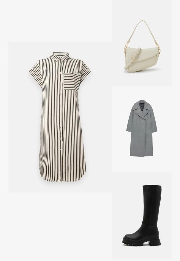 Szürke gyapjú kabát, széles, bemetszett gallérral, hosszú ujjakkal és oldalsó zsebekkel. A kialakítás egyszerű, egyenes sziluettel rendelkezik.; Galléros ingruha, rövid ujjakkal, fekete-fehér függőleges csíkokkal, teljes gombolású záródással és mellzsebből. Puha szövettextúra.; Fekete, térd fölé érő csizmák, műbőrből készültek, vastag gumi talppal, mély barázdákkal, sima felülettel és minimális varrási részletekkel.; Kis krémszínű táska texturált felülettel, hosszú, állítható pánttal, láncos díszítéssel és fedéllel záródik. Aranyszínű fém részletek.