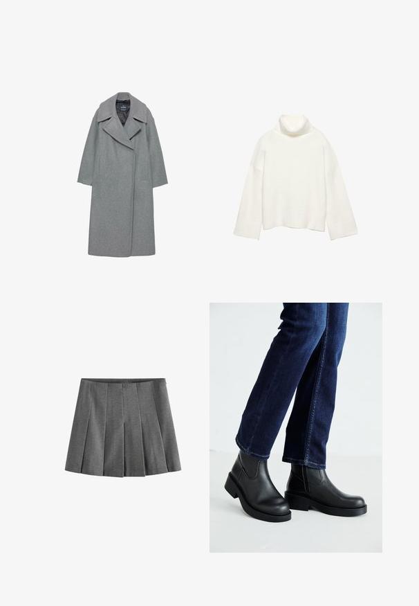 Manteau en laine gris avec un large col cranté, des manches longues et des poches latérales. Le design est simple avec une silhouette droite.; Pull en col roulé blanc au design cropped, avec des poignets et un ourlet côtelés, fabriqué en tissu doux, doté d'une coupe décontractée et d'un style minimaliste.; Jupe plissée grise en tissu doux, dotée d'une ceinture et présentant des plis uniformes pour une apparence structurée.; Bottines en cuir noir avec une semelle épaisse et des panneaux élastiques sur les côtés, associées à un jean bleu foncé. Le sol est de couleur claire.