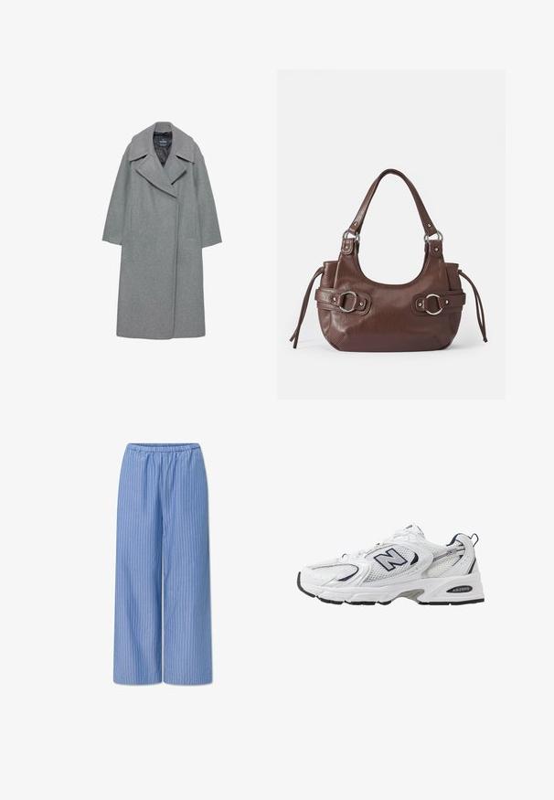 Grauer Wollmantel mit einem breiten, eingeschnittenen Kragen, langen Ärmeln und Seitentaschen. Das Design ist schlicht mit einer geraden Silhouette.; Weißes, geripptes Crop-Top mit hohem Halsausschnitt und ärmellosem Design. Hergestellt aus weichem, elastischem Stoff für einen bequemen Sitz.; Helles blaues weit geschnittenes Hosen mit weißen vertikalen Streifen, ausgestattet mit einem elastischen Bund und einer glatten Baumwolltextur.; Weißer Sportschuh mit Mesh-Obermaterial, navyblauen Akzenten und gepolsterter Sohle. Verfügt über das "N"-Logo, Schnürsenkel und eine strukturierte Detailverarbeitung an der Seite.; Braune Lederhandtasche mit runder Form, silbernen Beschlägen, zwei Seitenriemen und einer glatten Oberfläche. Verfügt über einen einzigen oberen Griff.