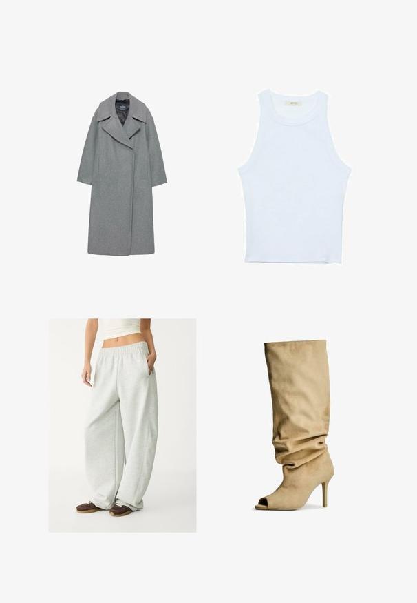 Siv plašč iz volne z širokim izrezom, dolgimi rokavi in stranskimi žepi. Oblika je preprosta z ravno silhueto.; Bela majica bez rukavov, rebrasta tekstura, okrugli izrez, kroj koji prati tijelo, suptilno brendiranje na etiketi unutar ovratnika.; Svetlo sivi trenirke z elastičnim pasom, stranskimi žepi in ohlapnim krojem. Narejene iz mehke, strukturirane tkanine; vsebujejo subtilne šive.; Bež semšasto visoko peta čevlja z zasukanim dizajnom, odprtim prstom in prilegajočo silhueto. Stiletto peta in mehak material povečujeta vizualno privlačnost.