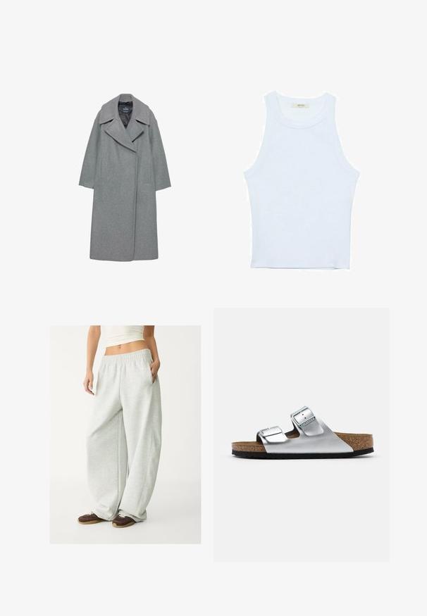 Sivý vlnený kabát s širokým výstrihom, dlhými rukávmi a bočnými vreckami. Dizajn je jednoduchý s priamou siluetou.; Biele tielko, rebrový textúra, okrúhly výstrih, bezrukávový dizajn, priliehavý strih, diskrétne logo na štítku vo vnútri oblasti goliera.; Svetlo šedé tepláky s elastickým pásom, bočnými vreckami a voľným strihom. Vyrobené z mäkkej, textúrovanej látky; s jemnými švami.; Strieborná kožená sandála s dvoma nastaviteľnými prackami, korkovou stielkou a štruktúrovanou čiernou gumovou podrážkou. Otvorený dizajn na prsty so širokými okrajmi.