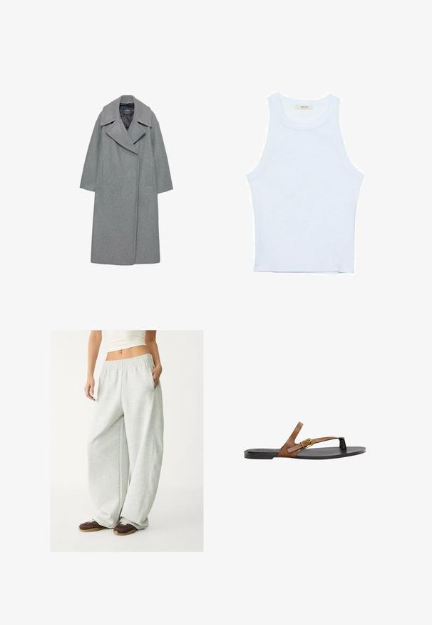 Grå uldfrakke med bredt notch-krave, lange ærmer og sidelommer. Designet er enkelt med en lige silhuet.; Hvid tanktop, ribbet tekstur, rund halsudskæring, ærmeløs design, tætsiddende form, diskret branding på mærket inden i kraveområdet.; Lysgrå sweatpants med elastisk talje, sidelommer og løs pasform. Fremstillet af blødt, struktureret stof; har diskrete syninger.; Brune læder flip-flop sandal med guld spænde detalje, flad sort sål og minimalistisk design, som har en glat tekstur.