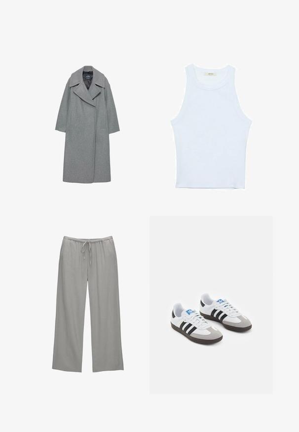 Harmaa villatakki, jossa on leveä kauluskotelo, pitkät hihat ja sivutaskut. Muotoilu on yksinkertainen suoran siluetin kanssa.; Valkoinen hihaton toppi, ribbed rakenne, pyöreä pääntie, hihaton malli, tiukka muoto, hillitty brändäys kauluksella sisäpuolella.; Vaaleanharmaat leveät housut, jotka on valmistettu pehmeästä kankaasta. Niissä on joustava vyötärö, johon kuuluu naru, sekä sivutaskut.; Urheilukengät, joissa on valkoinen nahkainen päällinen, harmaa mokkanokka ja kolme mustaa raitaa. Ominaisuuksina sininen logo kielekkeessä ja kuvioitu kumipohja.