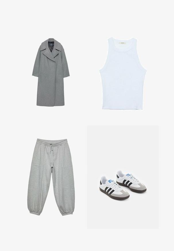 Grijze wollen jas met een brede gekantelde kraag, lange mouwen en zijzakken. Het ontwerp is eenvoudig met een rechte silhoutte.; Witte tanktop, geribbelde textuur, ronde halslijn, mouwloos ontwerp, aansluitende vorm, subtiele branding op het label binnenin de kraag.; Lichtgrijze joggerbroek gemaakt van zachte stof, met een elastische tailleband, trekkoord en elastische boorden, inclusief zijzakken.; Sportschoenen met een witte leren bovenkant, grijze suède neus en drie zwarte strepen. Bevat een blauw logo op de tong en een gestructureerde rubberen zool.
