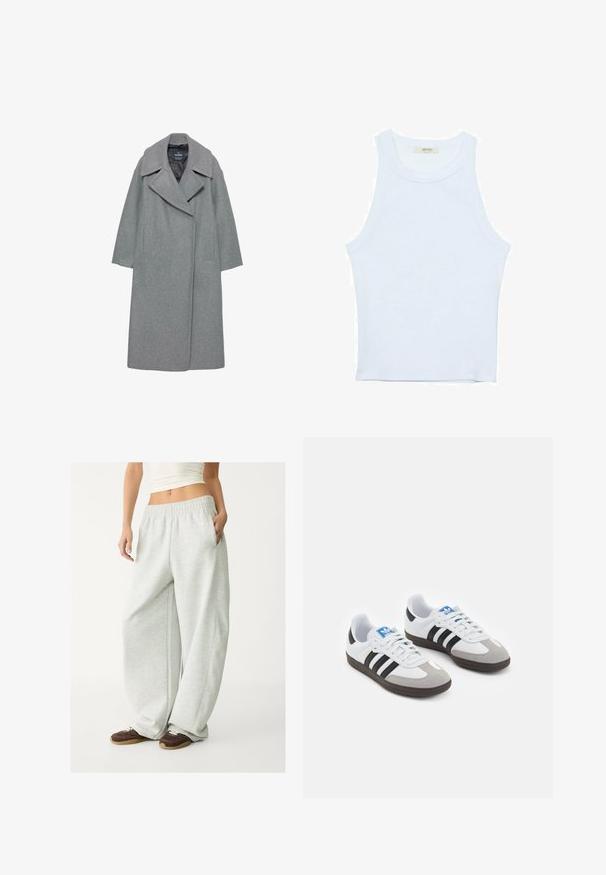 Harmaa villatakki, jossa on leveä kauluskotelo, pitkät hihat ja sivutaskut. Muotoilu on yksinkertainen suoran siluetin kanssa.; Valkoinen hihaton toppi, ribbed rakenne, pyöreä pääntie, hihaton malli, tiukka muoto, hillitty brändäys kauluksella sisäpuolella.; Vaaleat harmaat collegehousut, joissa on joustava vyötärö, sivutaskut ja löysä istuvuus. Valmistettu pehmeästä, tekstuurilla varustetusta kankaasta; sisältää hienovaraisia saumoja.; Urheilukengät, joissa on valkoinen nahkainen päällinen, harmaa mokkanokka ja kolme mustaa raitaa. Ominaisuuksina sininen logo kielekkeessä ja kuvioitu kumipohja.