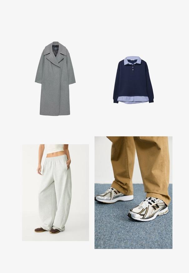 Siv plašč iz volne z širokim izrezom, dolgimi rokavi in stranskimi žepi. Oblika je preprosta z ravno silhueto.; Mornarska pulover s podložnim slojem v modrih črtah, ki ima tri gumbke pri vratu in rebraste manšete.; Svetlo sivi trenirke z elastičnim pasom, stranskimi žepi in ohlapnim krojem. Narejene iz mehke, strukturirane tkanine; vsebujejo subtilne šive.; Bele in srebrne superge New Balance z črnimi detajli in vezalkami, ki imajo mrežasto zgornji del, oblazinjen podplat in dinamičen dizajn.