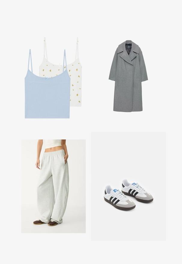 Grauer Wollmantel mit einem breiten, eingeschnittenen Kragen, langen Ärmeln und Seitentaschen. Das Design ist schlicht mit einer geraden Silhouette.; Zwei Trägerhemden, eines hellblau und eines weiß mit gelben Blumenmustern. Beide haben einen gerippten Stoff und dünne verstellbare Träger.; Hellgraue Sweatpants mit einem elastischen Bund, Seitentaschen und lockerem Schnitt. Hergestellt aus weichem, strukturiertem Stoff; verfügt über dezente Nähte.; Sportschuhe mit einem Obermaterial aus weißem Leder, grauer Wildleder-Zehenkappe und drei schwarzen Streifen. Sie verfügen über ein blaues Logo auf der Zunge und eine strukturierte Gummisohle.