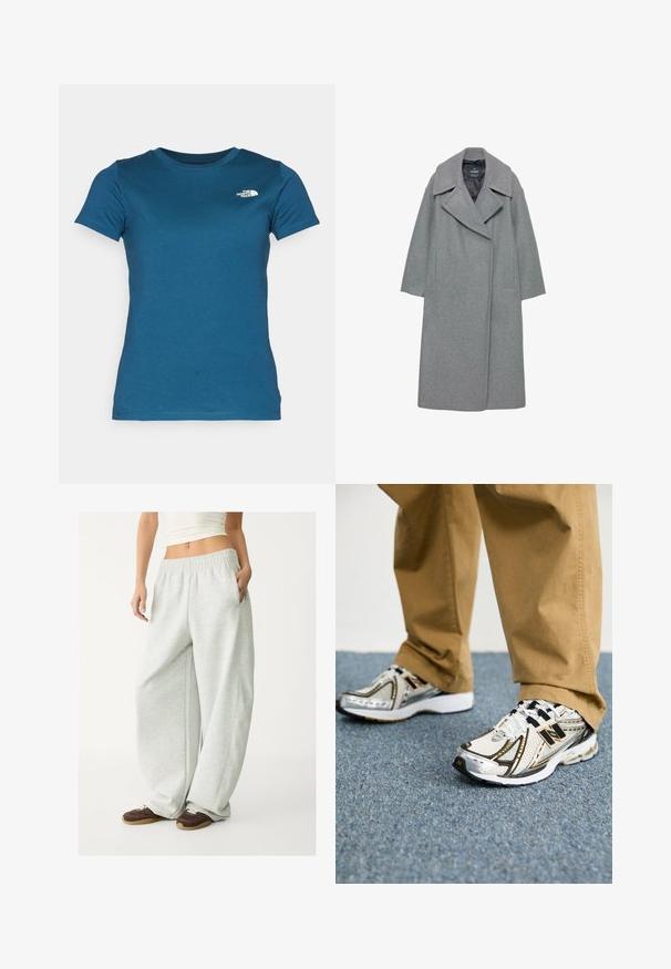 Šedý vlněný kabát s širokým klopovým límcem, dlouhými rukávy a bočními kapsami. Design je jednoduchý s rovnou siluetou.; The North Face W SS SD SLIM TEE - Jednoduché tričko - midnight petrol; Světle šedé tepláky s elastickým pasem, bočními kapsami a volným střihem. Vyrobeny z měkké, texturované tkaniny; mají decentní švy.; Bílé a stříbrné tenisky New Balance s černými akcenty a tkaničkami, s prodyšným svrškem, polstrovanou podrážkou a dynamickým designem.