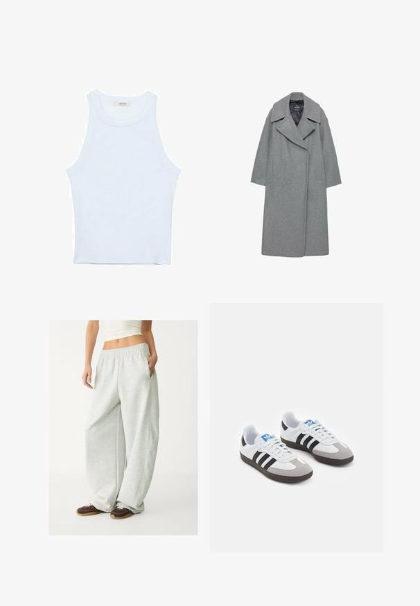 Cappotto grigio in lana con ampio colletto a punte, maniche lunghe e tasche laterali. Il design è semplice con una silhouette dritta.; Canotta bianca, texture a coste, scollatura rotonda, design senza maniche, forma aderente, branding sottile sull'etichetta all'interno dell'area del colletto.; Pantaloni della tuta grigi chiari con vita elasticizzata, tasche laterali e vestibilità ampia. Realizzati in tessuto morbido e strutturato; presentano cuciture sottili.; Scarpe sportive con tomaia in pelle bianca, punta in suede grigia e tre strisce nere. Presentano un logo blu sulla linguetta e una suola in gomma testurizzata.