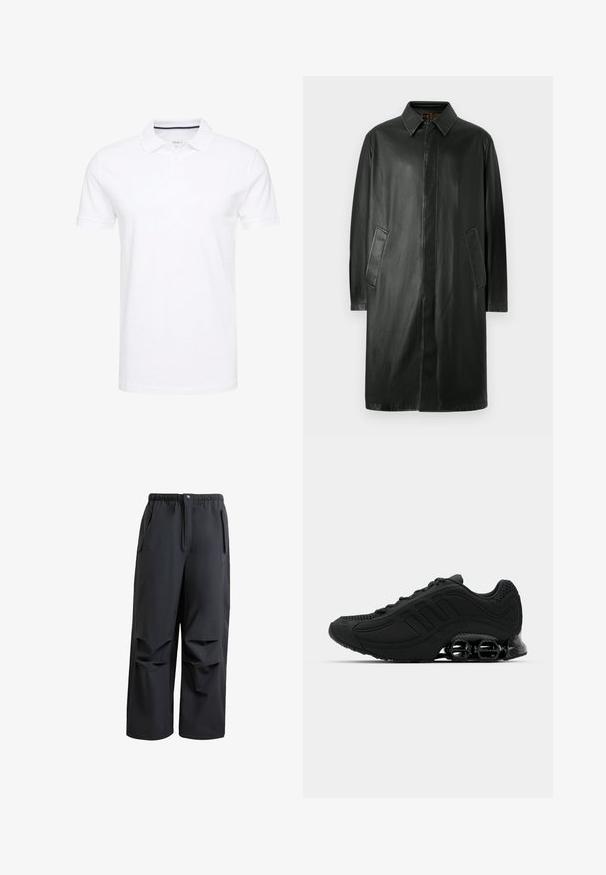 Schwarzer Lederanzug mit einem Kragenhals, langen Ärmeln und Seitentaschen. Glatte Textur und geradliniges Design.; Weißes Poloshirt aus Baumwolle, mit einem traditionellen Kragen, kurzen Ärmeln und einer Dreiknopf-Leiste, die innen subtile marineblaue Akzente aufweist.; Schwarze, locker sitzende Hose aus weichem Stoff. Mit einem elastischen Bund, Knopfverschluss und zwei seitlichen Taschen mit plissierten Details.; Schwarzer Sportschuh mit strukturiertem Obermaterial, drei Streifenakzenten und einer markanten, geformten Sohle mit sichtbaren Dämpfungselementen.