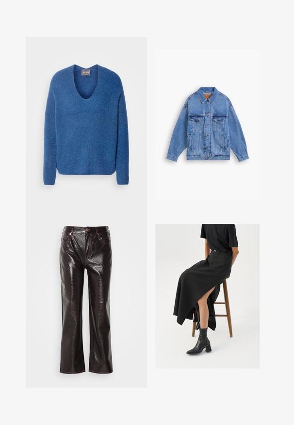 Veste en denim bleu clair avec un col classique, deux poches poitrine, des poches latérales et une fermeture à boutons. Présente une coupe ample et des coutures visibles.; Mos Mosh THORA V-NECK - Pullover - set sail; Jean large en velours bordeaux brillant avec une finition brillante, coutures roses contrastantes, poches avant et fermeture à bouton à la taille.; Jupe maxi en lin noir avec une fente haute, portée avec un t-shirt noir et des bottes de cheville noires. Design minimaliste avec une coupe décontractée.
